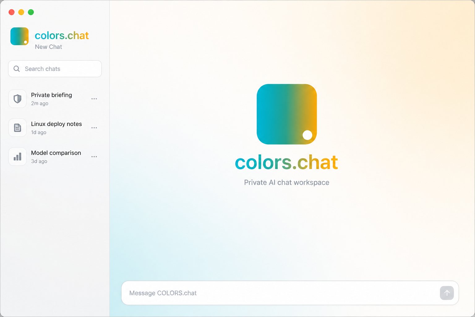 COLORS.chat private AI workspace with sidebar, spectrum lockup, and message composer